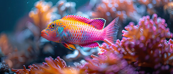 Obraz premium Close-Up Macro Shot of a Parrotfish Amidst Coral, for Nature Photography Backgrounds, Marine Environment Studies, Wildlife Documentation, Aquatic Biology, and Desktop Wallpapers 