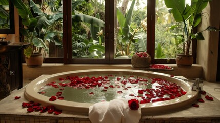 Bathroom with tub filled rose petals for romantic atmosphere. Spa shop put flowers in tub for lover