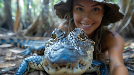 woman selfie with crocodile