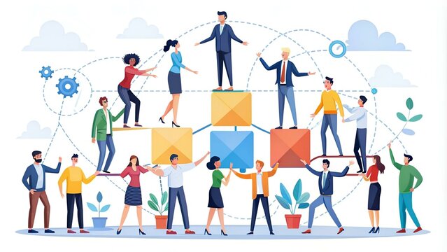 Teamwork flat vector illustrations set. Coworkers characters communication. Team building and business partnership concepts. Businessmen people and geometrical shapes cooperation, collaboration.