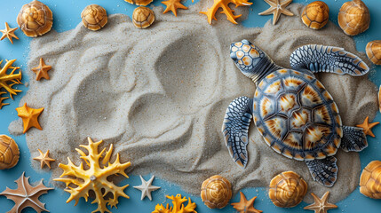 flay lay of turtle with sea shells and starfish on sand