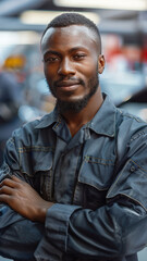Black man auto mechanic looking at camera with arms crossed and smiling