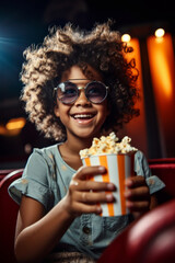 Fototapeta premium Smiling child with curly hair enjoying popcorn in a cinema.