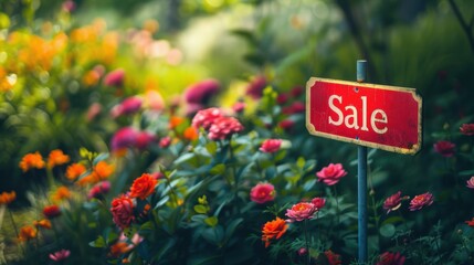 Vibrant Garden Sale Sign Surrounded by Colorful Blooms