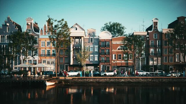 Amsterdam streets walking. Tourists people walk in Amsterdam city. Street with canal in amsterdam. 3d animation