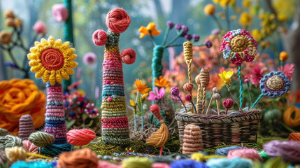 Fototapeta premium A chrochet flowers overflowing with colorful yarn sits in a garden bursting with summer flowers