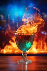 Flaming cocktail with blue liquid in a glass goblet, flames rising against a blurred cityscape background.