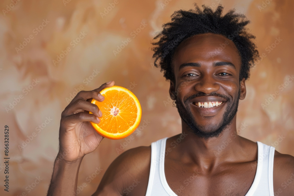 Wall mural a cheerful african american man displaying an orange slice, promoting vitamin c, skincare, and welln