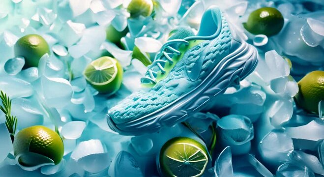  light blue and white futuristic running shoe floating on ice with lime green accents, surrounded by ice cubes and limes. High angle shot, closeup, advertising