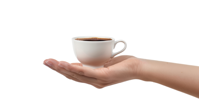 Hand holding a white cup of coffee
