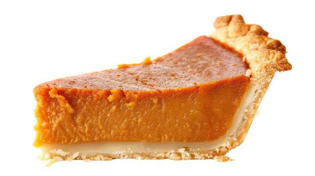 A close-up of a delicious slice of pumpkin pie with a golden crust, perfect for Thanksgiving and autumn-themed designs.