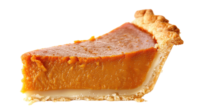 A close-up of a delicious slice of pumpkin pie with a golden crust, perfect for Thanksgiving and autumn-themed designs.