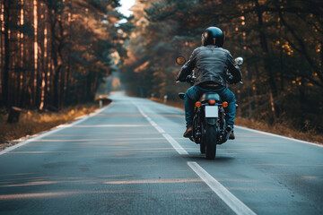 Biker riding custom motorcycle on country road in forest