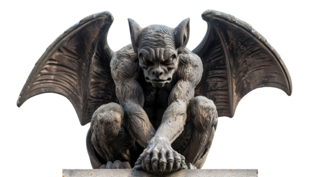 A detailed stone gargoyle statue with bat-like wings, showcasing intricate craftsmanship. Perfect for gothic, architecture, and fantasy themes.