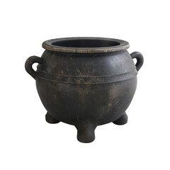 Ancient black cauldron with handles, perfect for historical or fantasy settings. High-resolution image of a classic cooking pot.