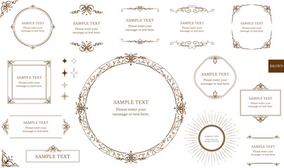 ブラウンの豪華なアンティークフレームと飾り枠のデザインセット　エレガント　ウェディング