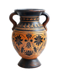 Ancient Greek-style ceramic vase with intricate floral patterns and dual handles, isolated on a white background.
