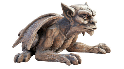 Ancient stone gargoyle statue isolated on white background, symbol of protection and architectural detail.