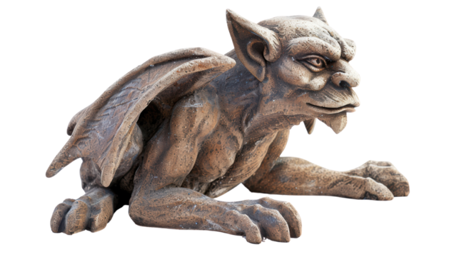Ancient stone gargoyle statue isolated on white background, symbol of protection and architectural detail.