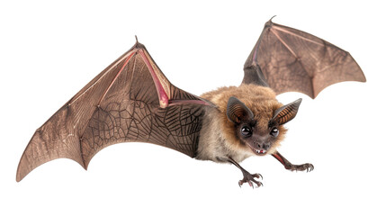 Naklejka premium Close-up of a flying bat with outstretched wings, showing intricate details of its wings and fur. Isolated on a white background.