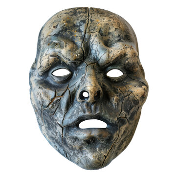 Close-up of a cracked, aged mask with hollow eyes, perfect for Halloween or horror-themed designs and projects.