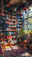 Fototapeta premium A creative studio filled with shelves of multicolored yarn