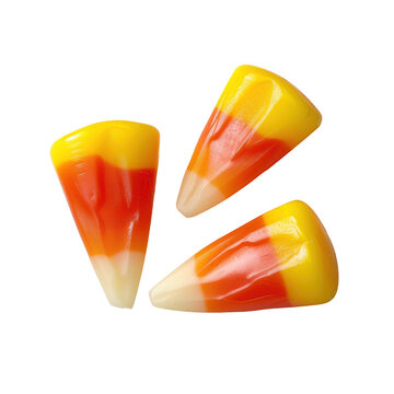 Close-up of three candy corn pieces against a white background, highlighting their vibrant yellow, orange, and white colors.