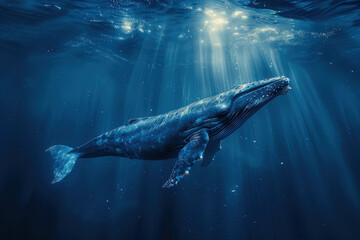 A blue whale swimming gracefully in the deep ocean
