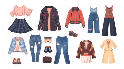 Fashionable women's clothing set, including a range of stylish clothes designed for girls. The outfit features various pieces that are now in style, all presented on a white background.