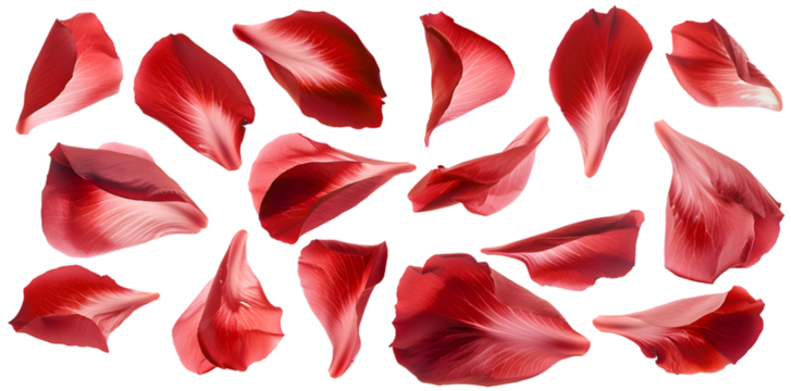 Collection of soft red flower petals isolated on transparent background