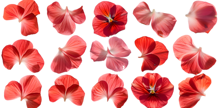 Collection of soft red flower petals isolated on transparent background