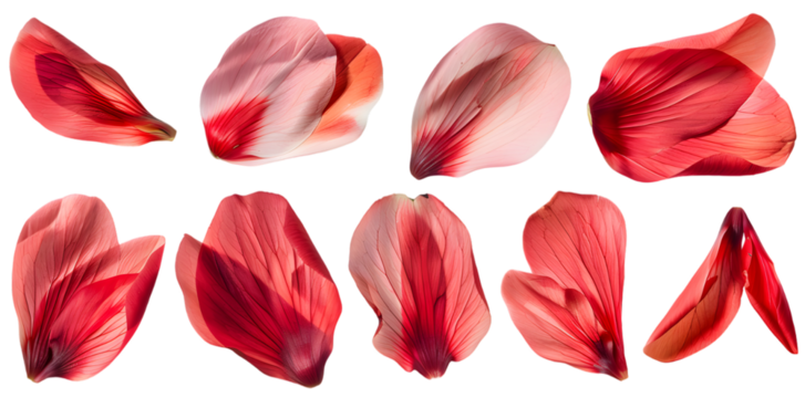 Collection of soft red flower petals isolated on transparent background
