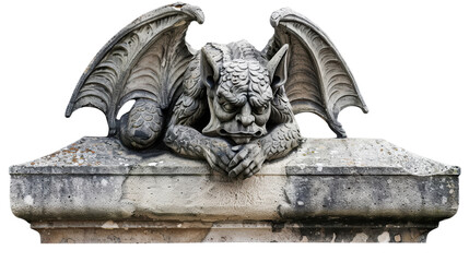 Gothic stone gargoyle sculpture with wings perched on an ancient building ledge, exuding historical and spooky vibes.