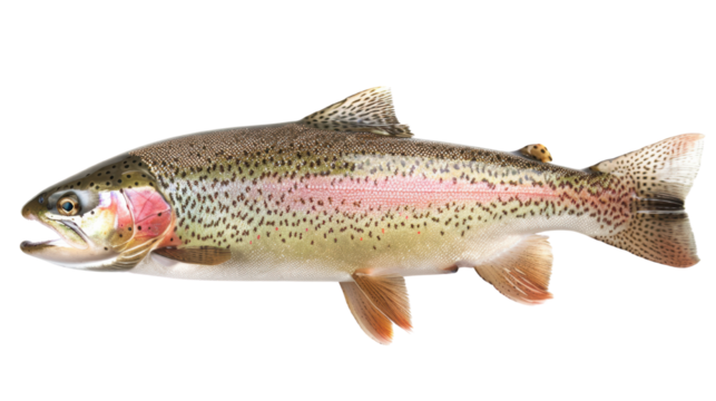 High-resolution image of a rainbow trout displaying vibrant colors, isolated on a white background. Perfect for aquatic and nature-related projects.