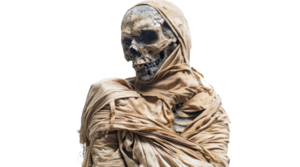 Mummified skeletal figure wrapped in ancient cloths, creating a spooky and eerie atmosphere perfect for Halloween or horror themes.