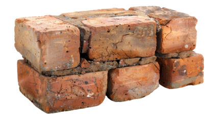 Stack of six weathered red bricks isolated on white background. Perfect for construction, renovation, and industrial themes.