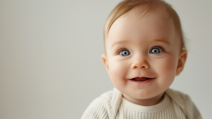 Close-up natural baby expressions with copy space, a close-up photo of a baby with a curious smile, with a minimalistic white or cream background