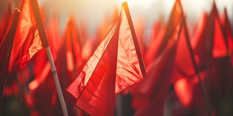 Red flags symbolize revolutionary movements and serve as rallying points. Concept Revolutionary Movements, Symbolic Red Flags