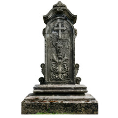 Obraz premium Vintage stone tombstone with intricate carvings and moss growth, featuring a cross and skull design, ideal for historical and gothic themes.