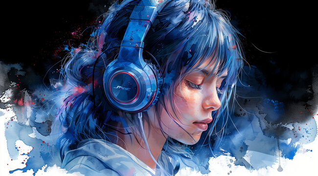 Young woman, coding, with headphones, listening to music, watercolor style, splashes, stains and wrinkles, blue and violet colorscheme, 4K