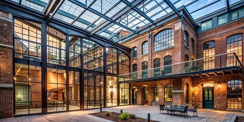 Modern glass atrium addition seamlessly blends with restored historic brick facade in renovated 19th century industrial building, showcasing adaptive reuse and preservation.