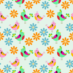 Cute birds with flowers seamless pattern 