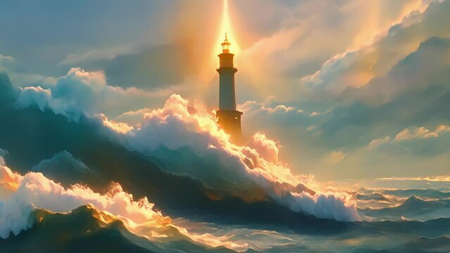 As the storm raged the ghostly lighthouse seemed to dance in the turbulent waves its light ly visible as it fought against the powerful winds.