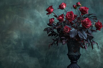 A dramatic flower arrangement of red roses and dark foliage in a tall, elegant vase against a deep green background.