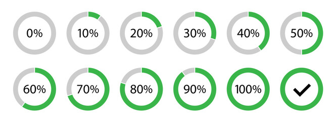 Circle loading and circle progress collection. Set of circle percentage diagrams for infographics, 0, 10, 20, 30, 40, 50, 60, 70, 80, 90, 100 percent.