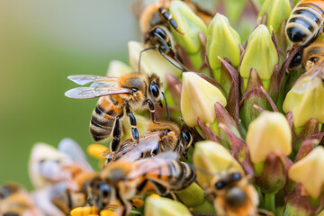 Naklejka premium Macro image of bees swarm on a flower