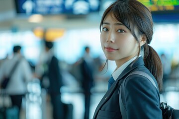 Portrait of a Japanese airport staff member guiding passengers at the gate, high detail, photorealistic, engaging atmosphere, bright environment