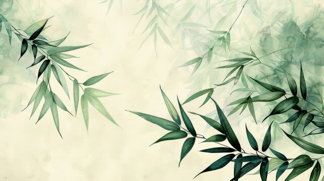 Watercolor painting of bamboo leaves on a soft green background.  Zen botanical art for home decor, wellness, and tranquility
