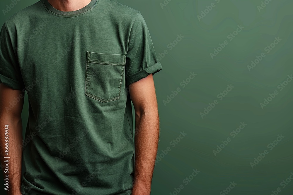 Wall mural Man Wearing A Green T-Shirt With A Pocket In Front Of A Green Background