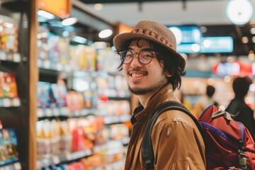 Portrait of a Japanese traveler shopping at the duty-free store, high detail, photorealistic, engaging atmosphere, studio lighting